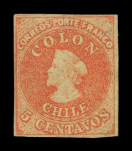 CHILE 1860  COLUMBUS  5c vermilion   Scott # 9d  mint MH VF