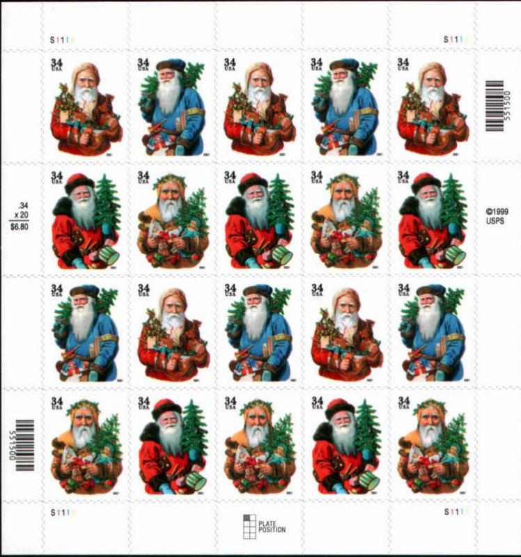 2001 34c Santa Claus, Christmas, Sheet of 20 Scott 3537-40 Mint F/VF NH