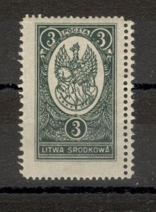 CENTRAL LITHUANIA - MH STAMP, 3 m - ERROR - DOUBLE PERFORATION - 1921.