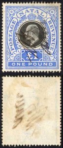 Natal SG142 One Pound Black and Bright Blue Fiscal Cancel