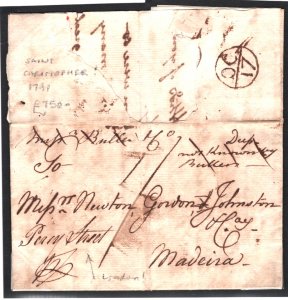 SAINT CHRISTOPHER Cover BWI 1791 Letter MADEIRA London BISHOP MARK Percy St i111