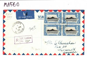 ST LUCIA 1936 FDC SG.121 KGV 1s *BLOCK OF FOUR* Registered First Day Cover MA560