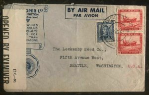 1943 Wellington New Zealand Censored Airmail Cover To Seattle Wa USA