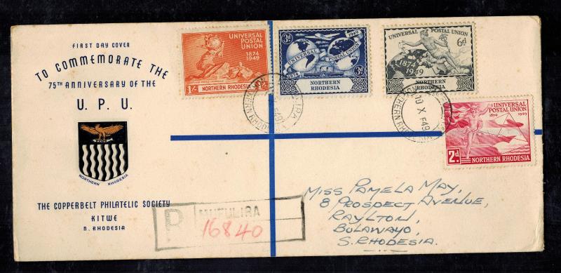 1949 Northern Rhodesia First Day cover to Bulawayo UPU Full Set