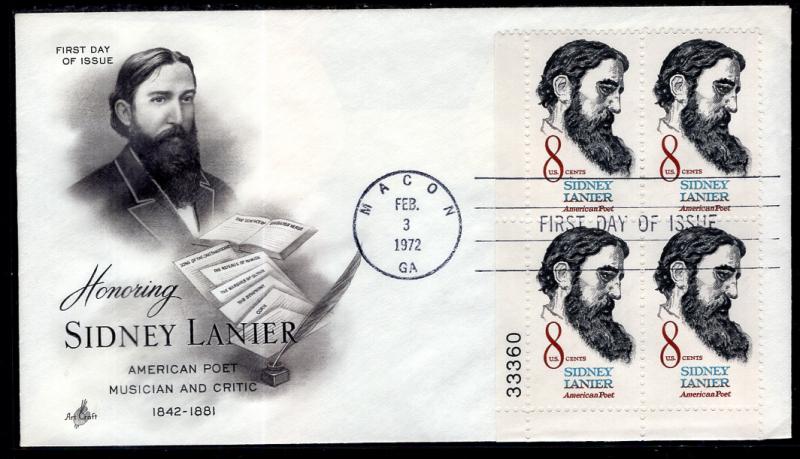 US 1446 Sidney Lanier Plate Block Artcraft U/A FDC