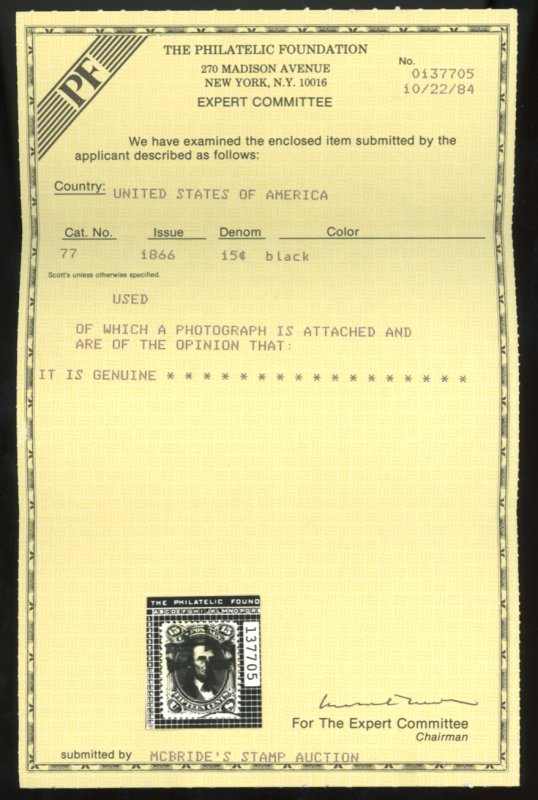 U.S. #77 USED WITH PF CERT