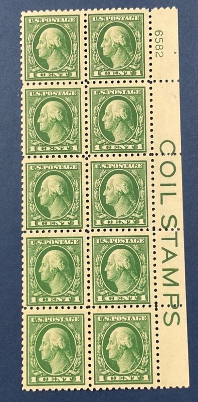 U.S. #424, 1 cent Coil Stamps in salvage Plate Block of 10, Mint, thins.