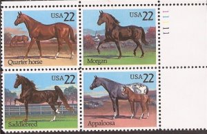 US Stamp - 1985 Horse Breeds - 4 Stamp Plate Block - Scott #2155-8