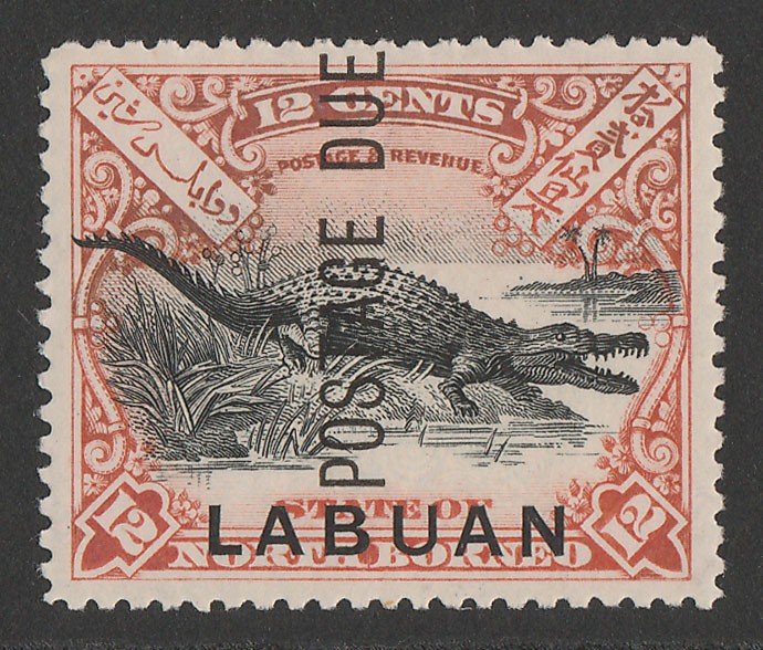 LABUAN : 1901 'Postage Due' on Crocodile 12c black & vermilion, perf 13½-14. 