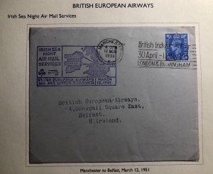 1951 Manchester England First Irish Sea Flight Airmail Cover To Belfast Ireland