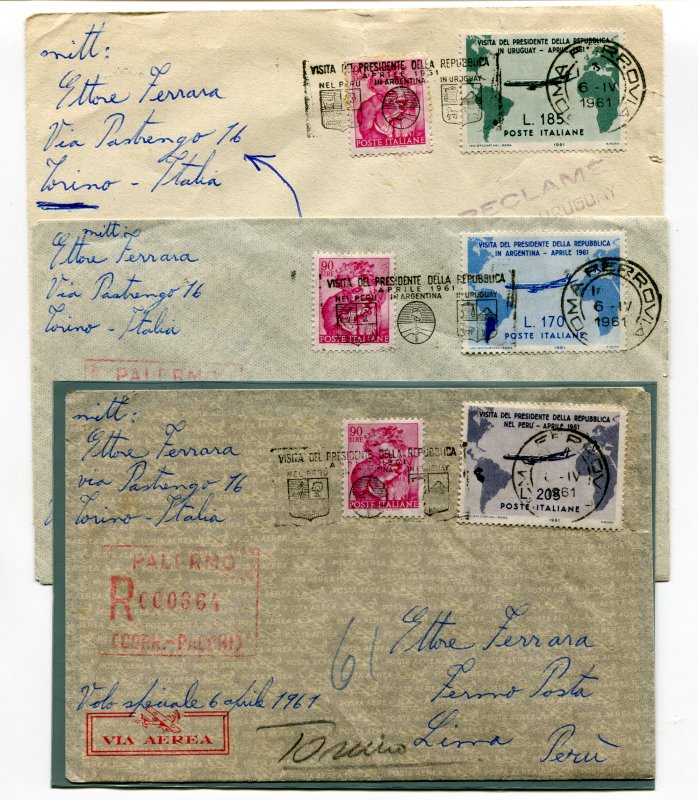Gronchi series of three values on as many airograms forwarded with presidential