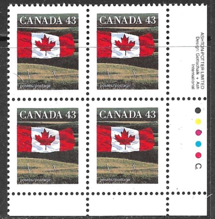 CANADA 1992 43c Flag Over Field Plate Block 4 Sc 1359 MNH