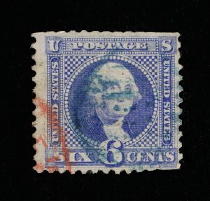 GENUINE SCOTT #115 USED 1869 ULTRA 6¢ PICTORIAL G-GRILL BLUE CANCEL RED TRANSIT