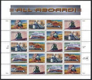 United States #3333-3337 33¢ All Aboard, Trains (1999). Mini-sheet of 20. MNH