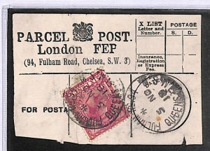 GB Chelsea PARCEL POST LABEL *94 FULHAM ROAD* London 1915 CDS KGV 6d Purple QB32