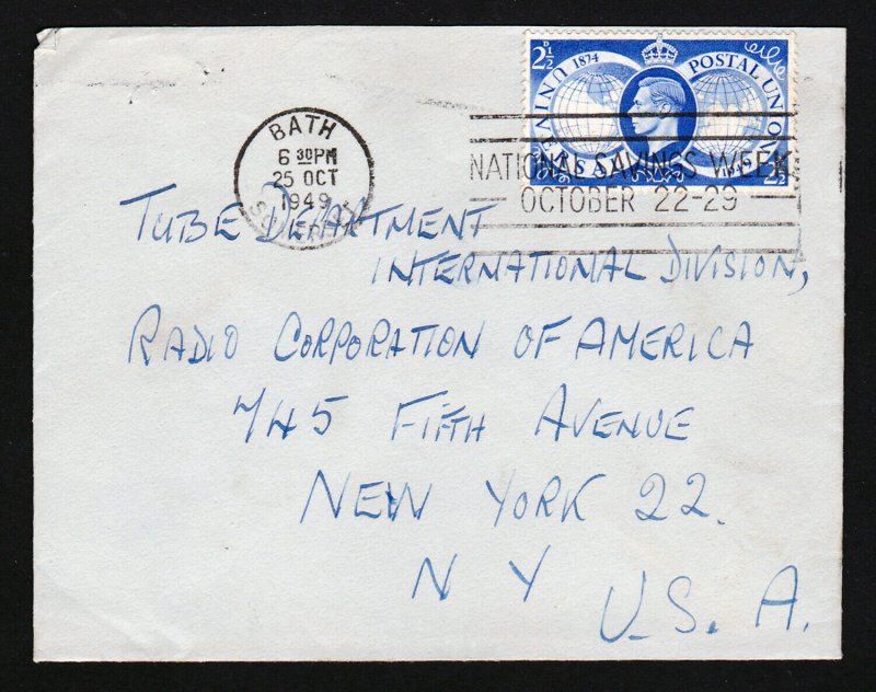 GREAT BRITAIN COVER 1949 STAMP - 2.5D UPU BATH SOMERSET TO RCA NYC SLOGAN