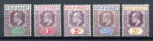 Gold Coast 1902 KEVII. Short set to 3d. Mint. LH. SG38-42.