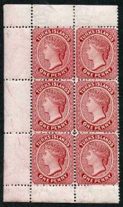 TURKS ISLANDS SG62 1d Crimson-lake Perf 14 Crown CA Misplaced CA at top Block