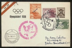 AUSTRIA 1936 Hindenburg Olympic Flight cover multi franked w/special Olympic cxl