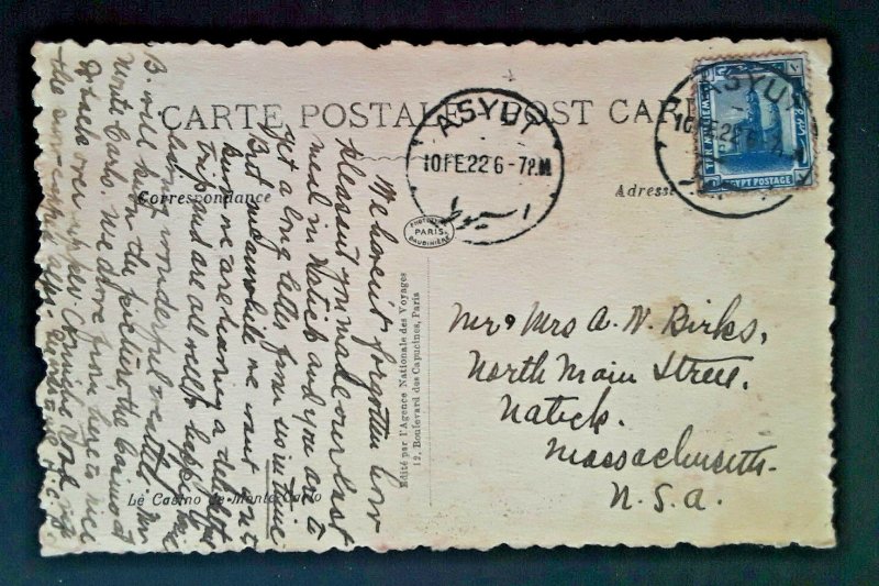 1922 Asyut Egypt To Natick Massachusetts Casino Monte Carlo RPPC Cover