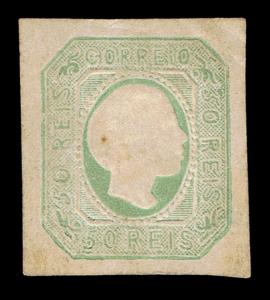 GENUINE PORTUGAL SCOTT #7 MINT 1855 GREEN STRAIGHT HAIR SCV $500 - ESTATE SALE