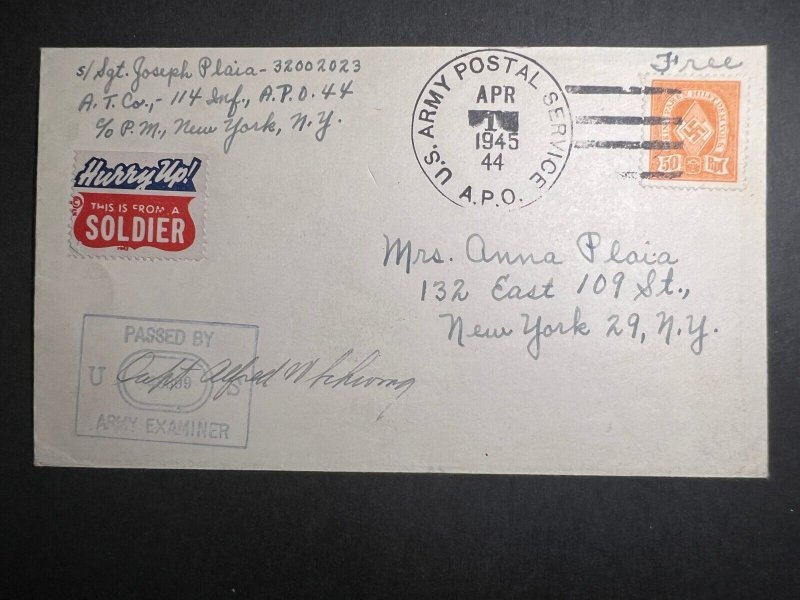 1945 USA Censored Soldier Mail Cover New York NY Local Use