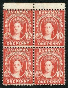 Bahamas SG40 1882 1d scarlet-vermilion wmk CA perf 12 block of 4 