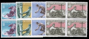 Liechtenstein #289-292 Cat$150, 1955 Skiing, set of four in blocks of four, n...