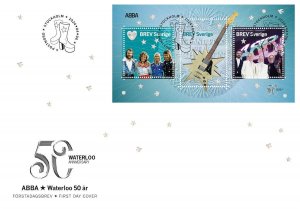 Sweden Suède Suède 2024 ABBA 50 years of Waterloo set of 3 stamps in block FDC