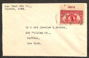 USA 627 PLATE SINGLE 18575 STAMP ARIZONA TO BUFFALO NEW YORK COVER 1926