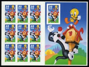 Sylvester and Tweety Full Pane of Ten 32 Cent Stamps By USPS Scott 3204