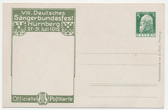 Postal stationery Bayern 1912 Vocalist fest Nurnberg - Lute - String instrument