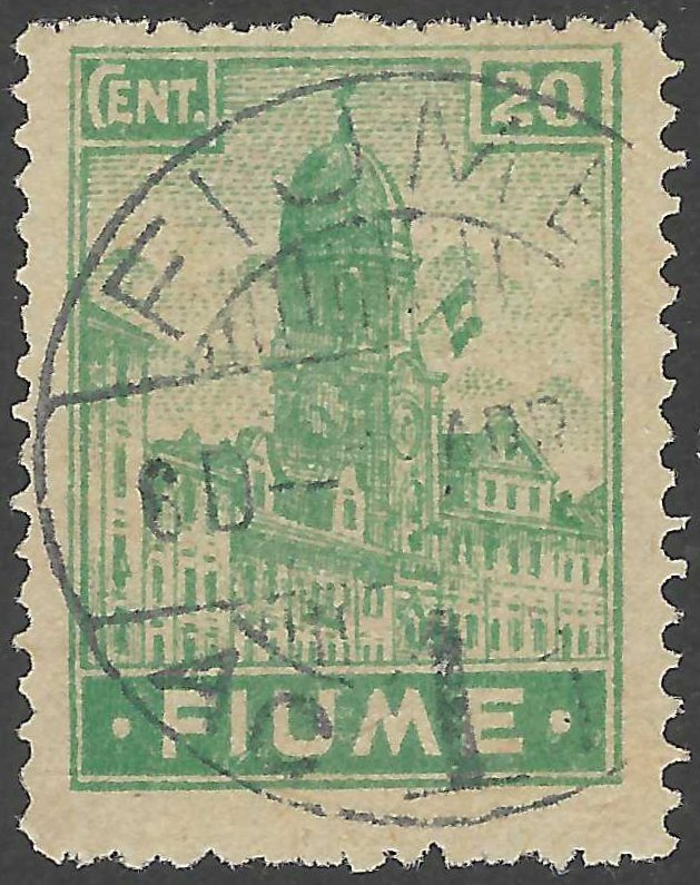 Fiume, stamp, Scott#32a, used, hinged, 20 cent, emerald green, clock tower,