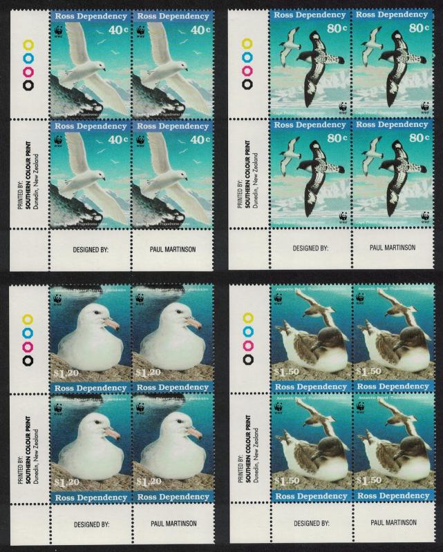 Ross Dep. WWF Antarctic Seabirds 4v Bottom Left Corner Blocks of 4 SG#44-47