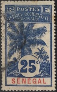 Senegal 64 (used, light toning) 25c oil palms, blue on pinkish paper (1906)