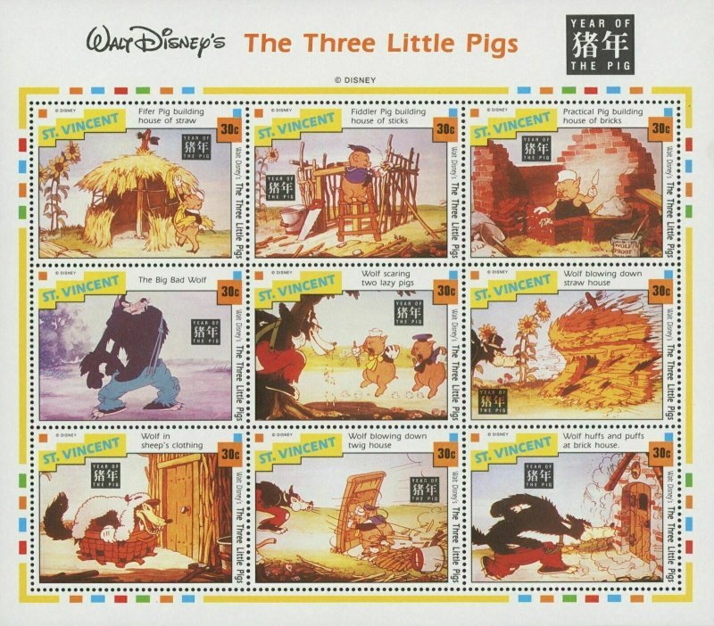 St. Vincent Disney the Three Little Pigs Year of the Pig Souv. of 9 Stamps MNH 