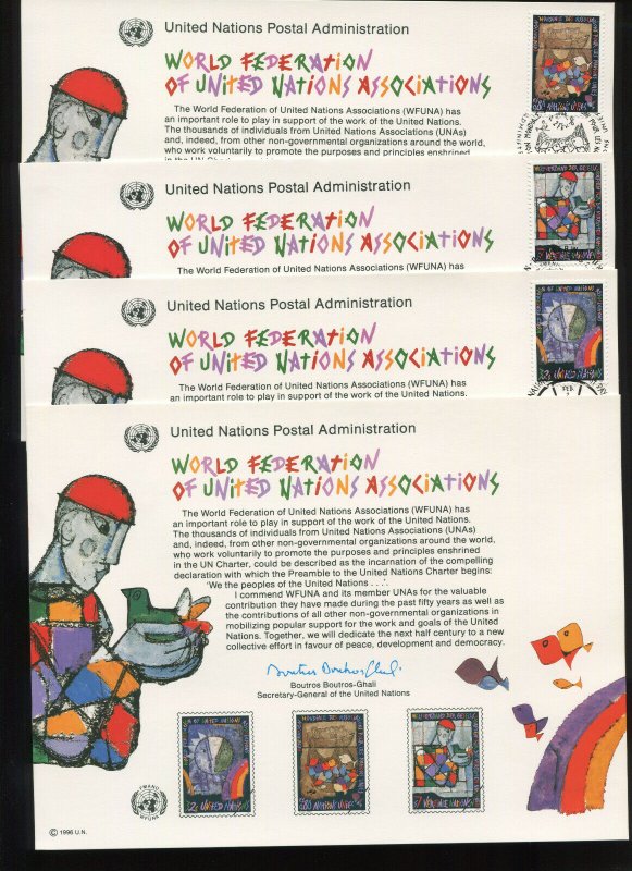 United Nations SCOTT SC49 1996 UN WFUNA EXPOSITION SET of 4 SOUVENIR CARDS