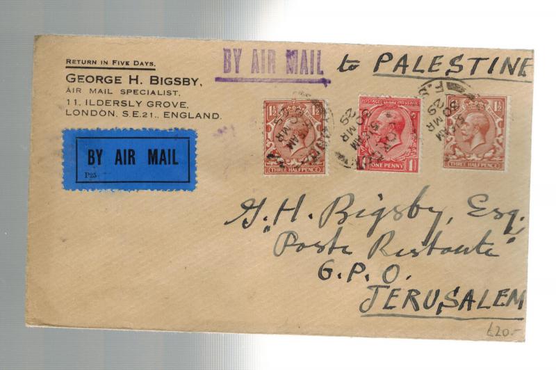 1929 England First Flight Cover to Jerusalem Palestine FFC George Bigsby