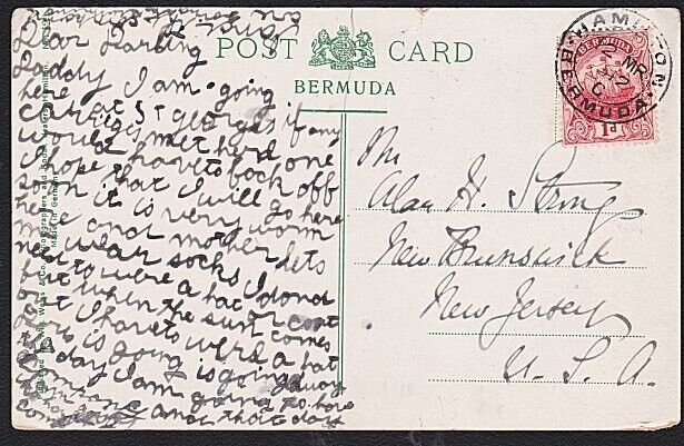 BERMUDA 1912 1d on postcard Hamilton cds to USA............................B8835