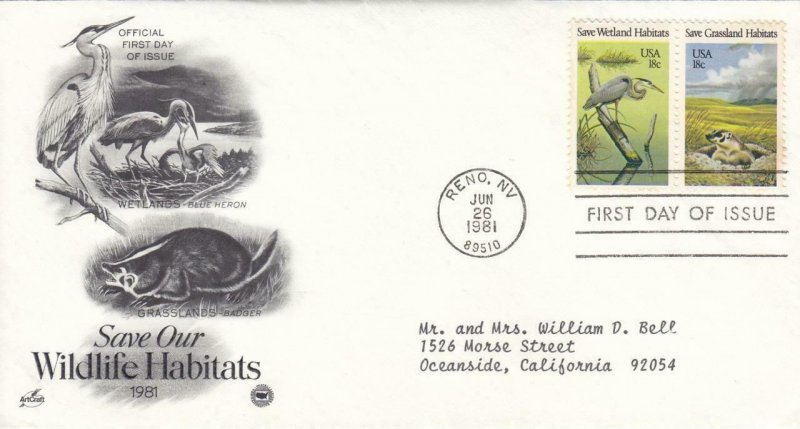 1981, Wildlife Habitats-Blue Heron, Badger, Artcraft/PCS, FDC (E8207)