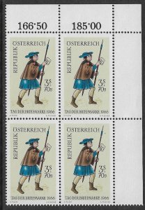 AUSTRIA 1966 Letter Carrier STAMP DAY Semi Postal Block of 4 Sc B322 MNH