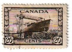 CANADA SCOTT#260 1942 20c LAUNCHING OF CORVETTE HMCS La MALBAIE - USED