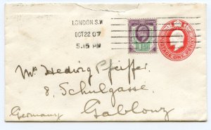 GB 1907 1d Postal Stationery Uprated Envelope London/Germany