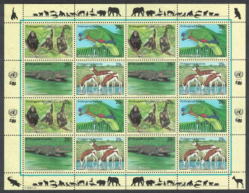 UN New York Birds Chimpanzee Amazon Crocodile Gazelles Sheetlet of 4 sets