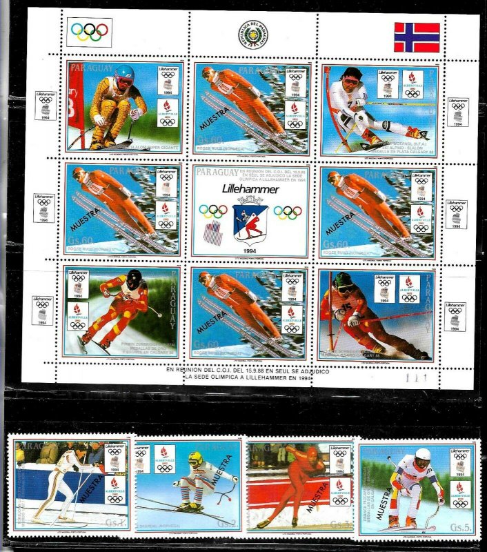 PARAGUAY 1989 SPORT OLYMPIC LILLEHAMMER SKIING SPECIMEN MUESTRA SET+MS Mi 4323-7