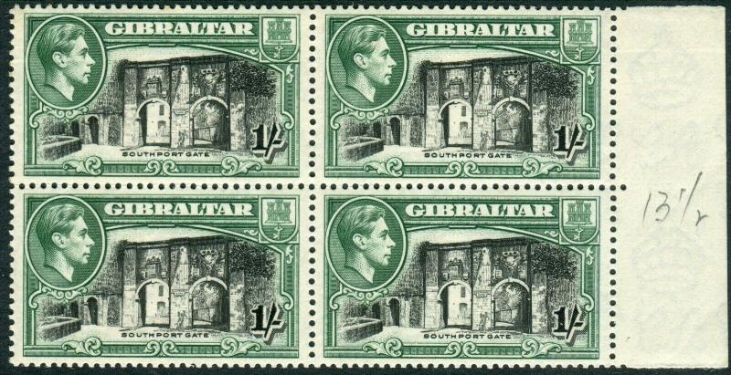 GIBRALTAR-1938-51 1/- Black & Green Perf 13½ unmounted mint block of 4 Sg 127a