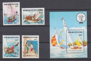 J29534, 1982 ivory coast set + s/s mnh #631-5 sailboats