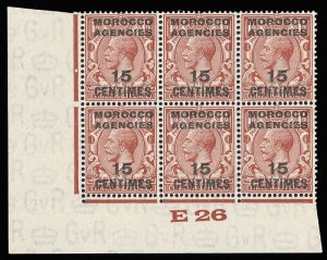 Morocco Agencies 1925 KGV 15c on 1½d Control E26 Plate 14 block MNH. SG 204.