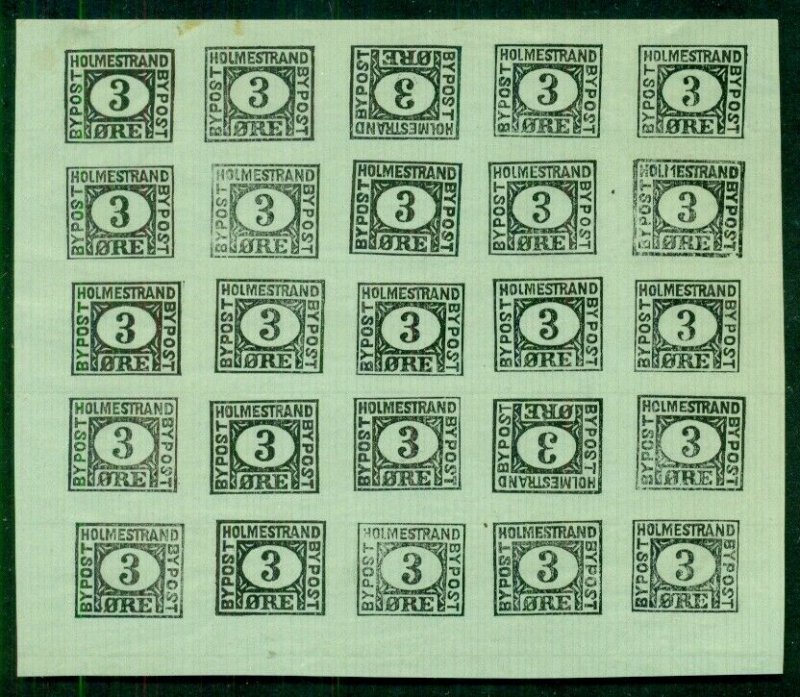 NORWAY 1888 Locals – HOLMESTRAND, 3ore Complete sheet of 25 on laid paper NH/LH