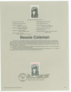 US SP1143/2956 1995 32c bessie coleman on usps official souvenir page FDC, #2956 with first day cancel